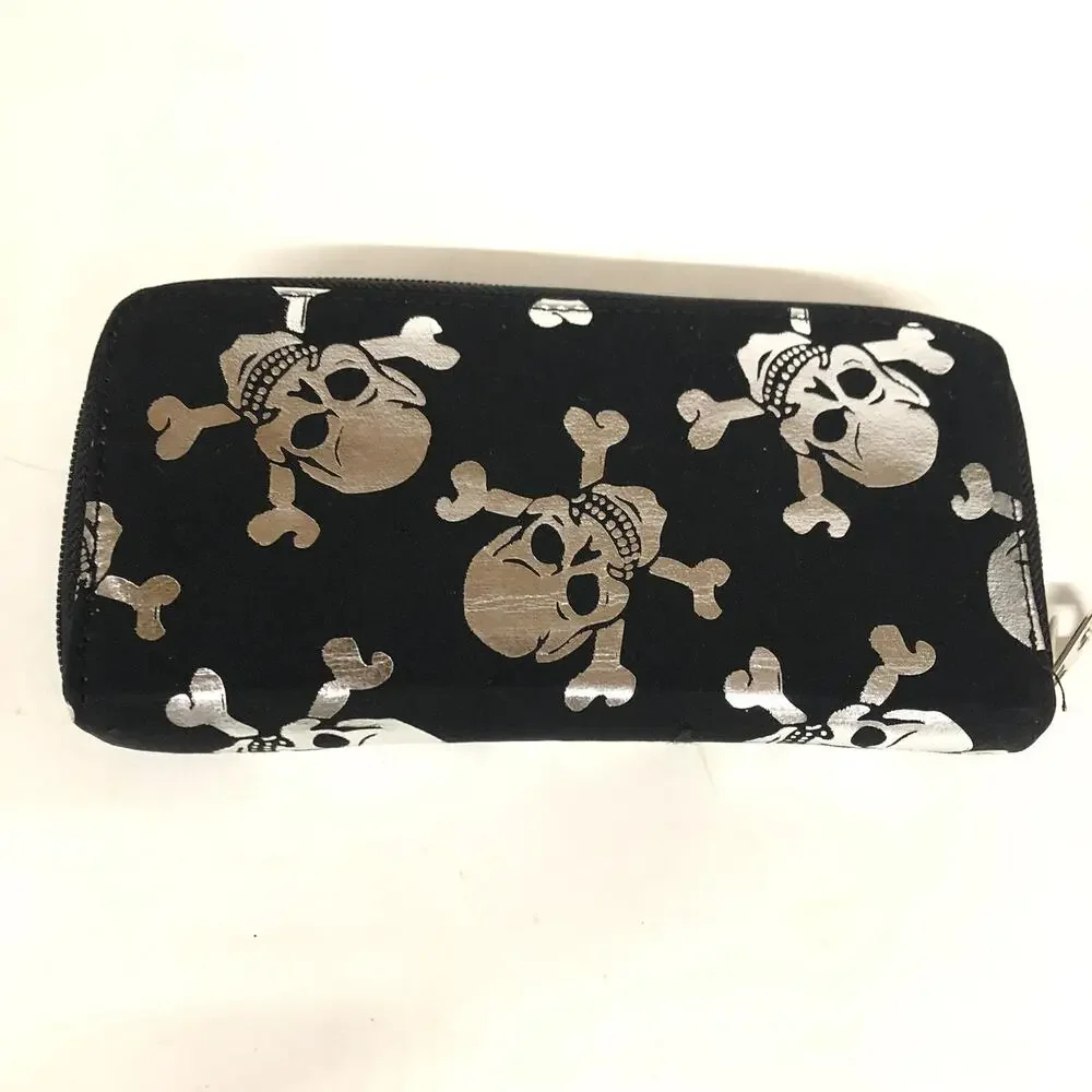 Black And White Skull Long Thick Bifold Wallet, 8x4x1.5”, 2 Compartment Dual Zip